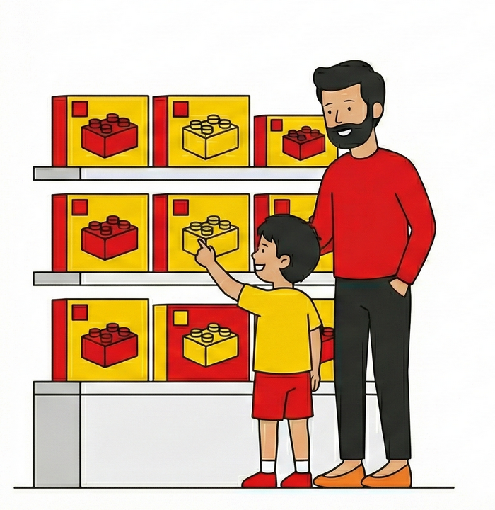 Illustration achat briques construction en magasin, sécurité et jeu créatif enfant