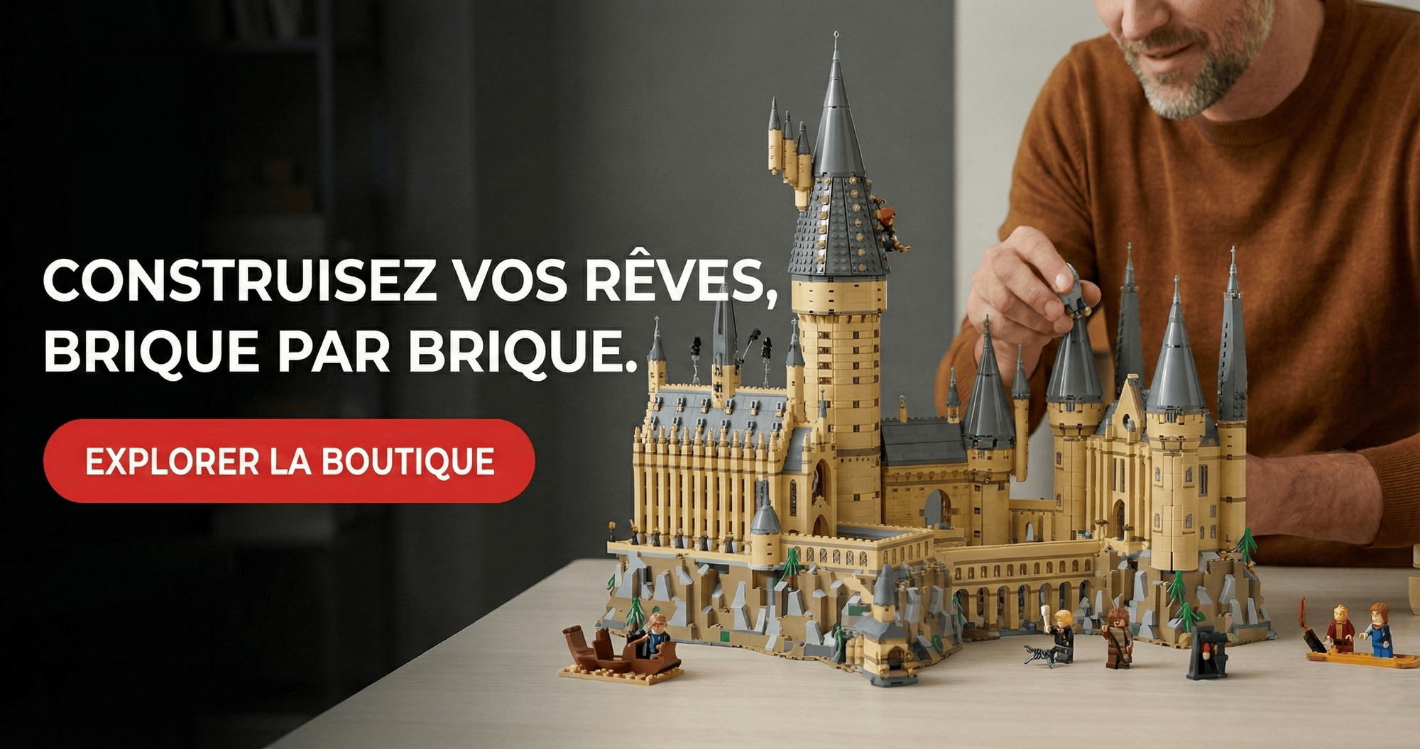 Homme construisant un ch&acirc;teau LEGO d&eacute;taill&eacute; &ndash; Brickeez &ldquo;Construisez vos r&ecirc;ves, brique par brique