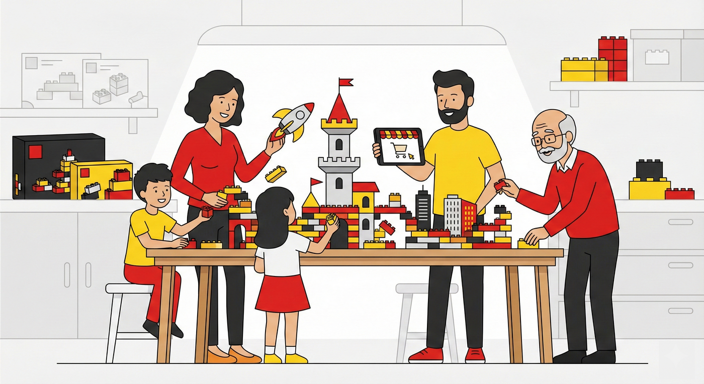 Famille construisant ensemble avec des briques et achetant sur la boutique en ligne